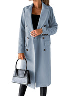 Cappotto Lungo Doppiopetto Effetto Lana Donna Azzurro