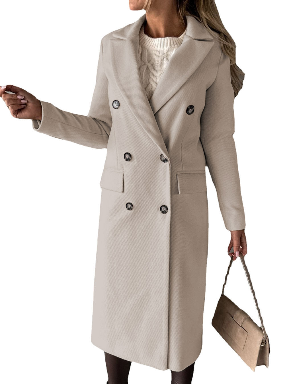 Cappotto Lungo Doppiopetto Effetto Lana Donna Beige