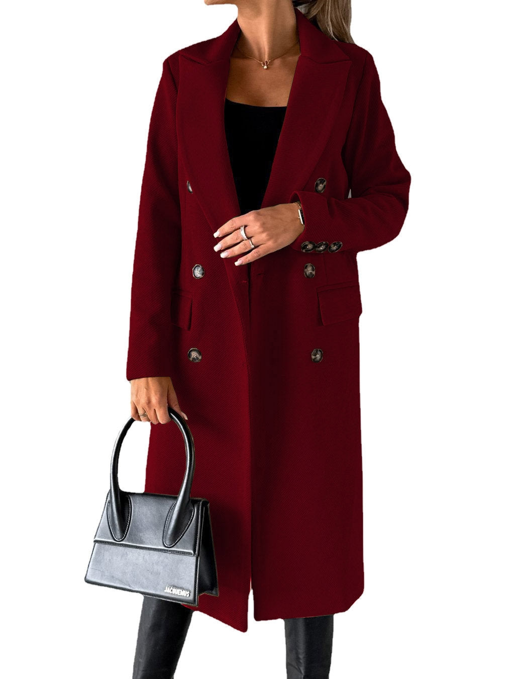 Cappotto Lungo Doppiopetto Effetto Lana Donna Bordeaux
