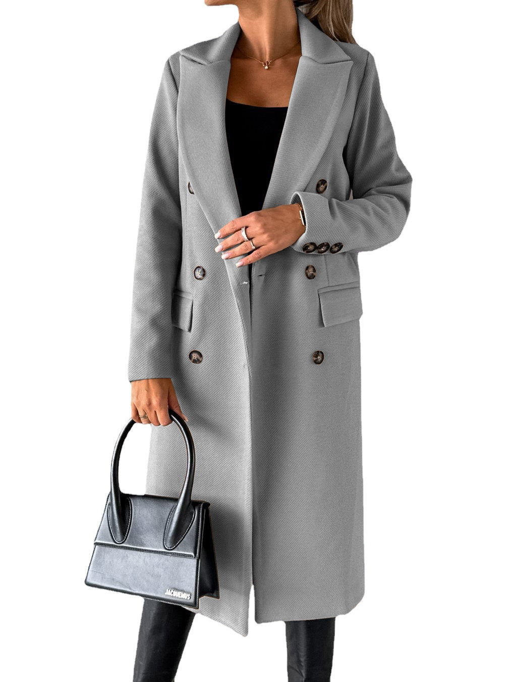 Cappotto Lungo Doppiopetto Effetto Lana Donna Grigio chiaro