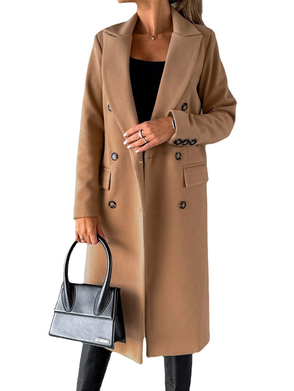 Cappotto Lungo Doppiopetto Effetto Lana Donna Kaki
