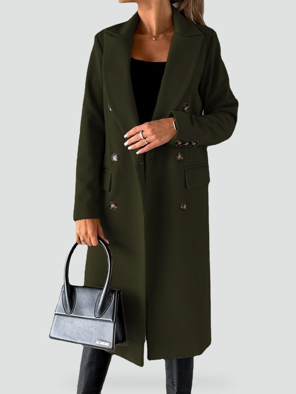 Cappotto Lungo Doppiopetto Effetto Lana Donna Verde oliva
