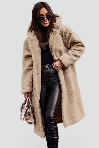 Cappotto Teddy Lungo Con Cappuccio Donna Beige