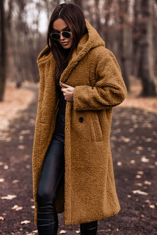 Cappotto Teddy Lungo Con Cappuccio Donna Caramello