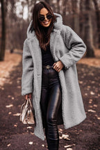 Cappotto Teddy Lungo Con Cappuccio Donna Grigio