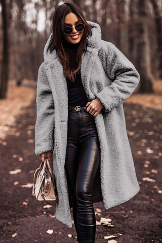 Cappotto Teddy Lungo Con Cappuccio Donna Grigio