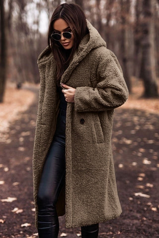 Cappotto Teddy Lungo Con Cappuccio Donna Kaki