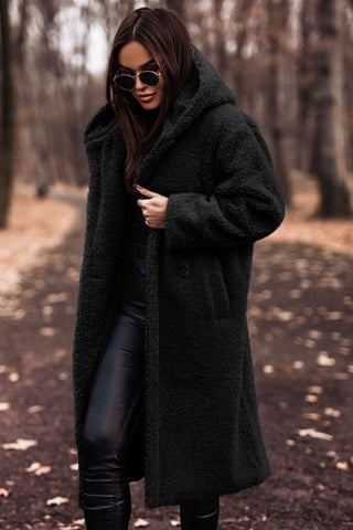 Cappotto Teddy Lungo Con Cappuccio Donna Nero
