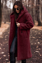 Cappotto Teddy Lungo Con Cappuccio Donna Rosso