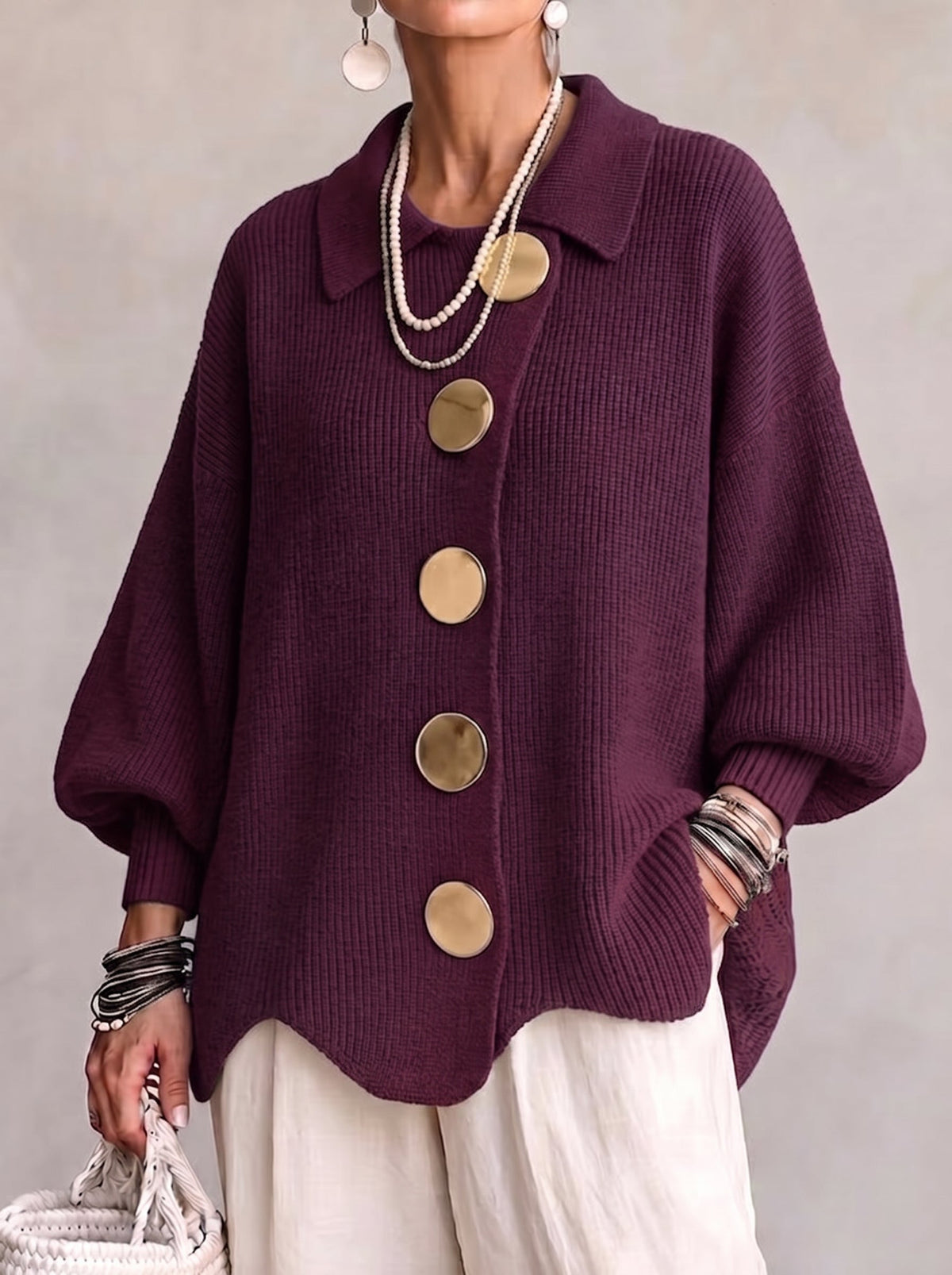 Cardigan Bottoni Dorati In Maglia Donna Bordeaux