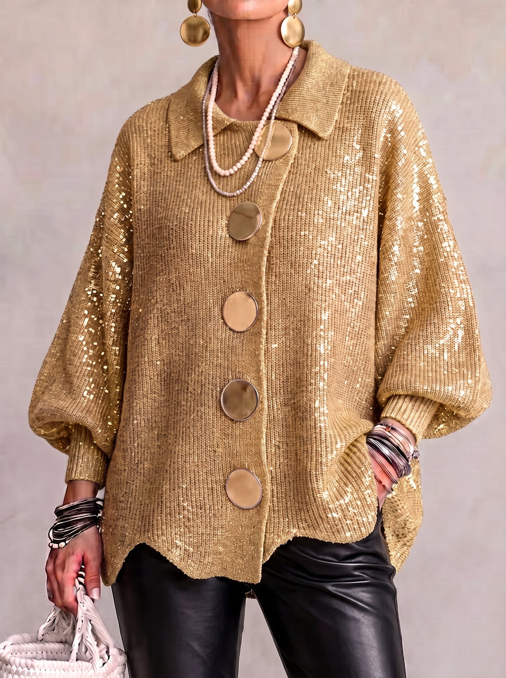 Cardigan Bottoni Dorati In Maglia Donna Oro