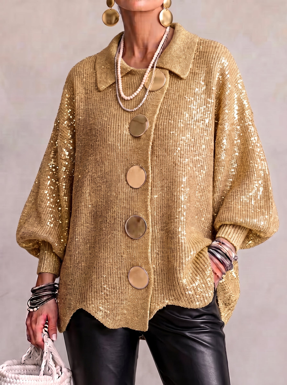 Cardigan Bottoni Dorati In Maglia Donna Oro