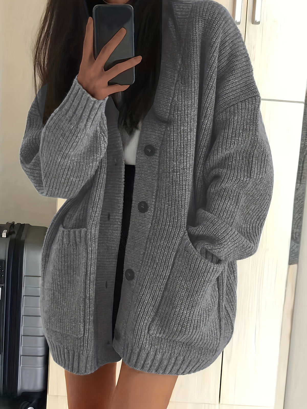 Cardigan Comodo Con Bottoni E Tasche Donna Grigio