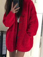 Cardigan Comodo Con Bottoni E Tasche Donna Rosso