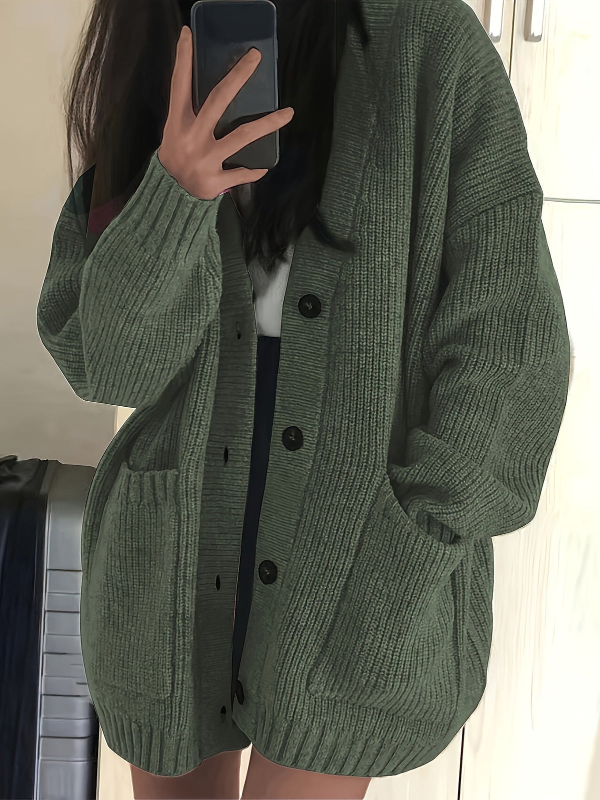 Cardigan Comodo Con Bottoni E Tasche Donna Verde