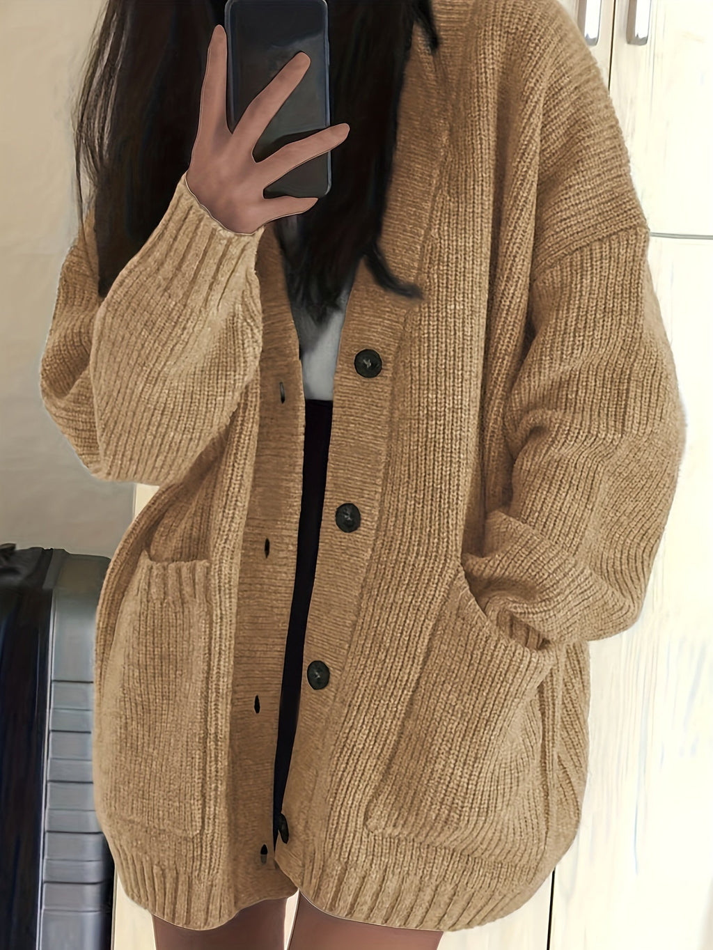 Cardigan Comodo Con Bottoni E Tasche Donna Zenzero