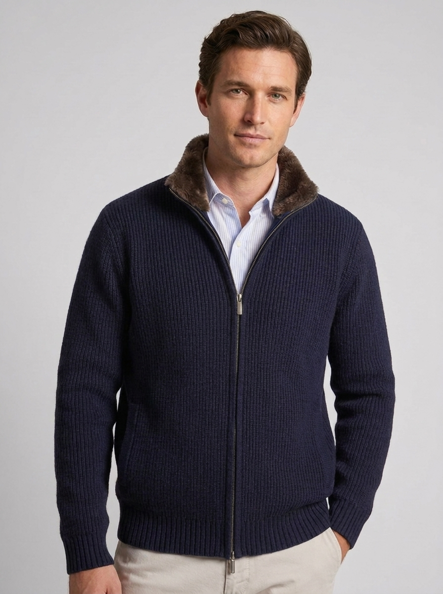 Cardigan In Maglia Collo Pelliccia Uomo Blu scuro