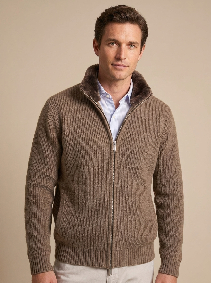 Cardigan In Maglia Collo Pelliccia Uomo Cammello