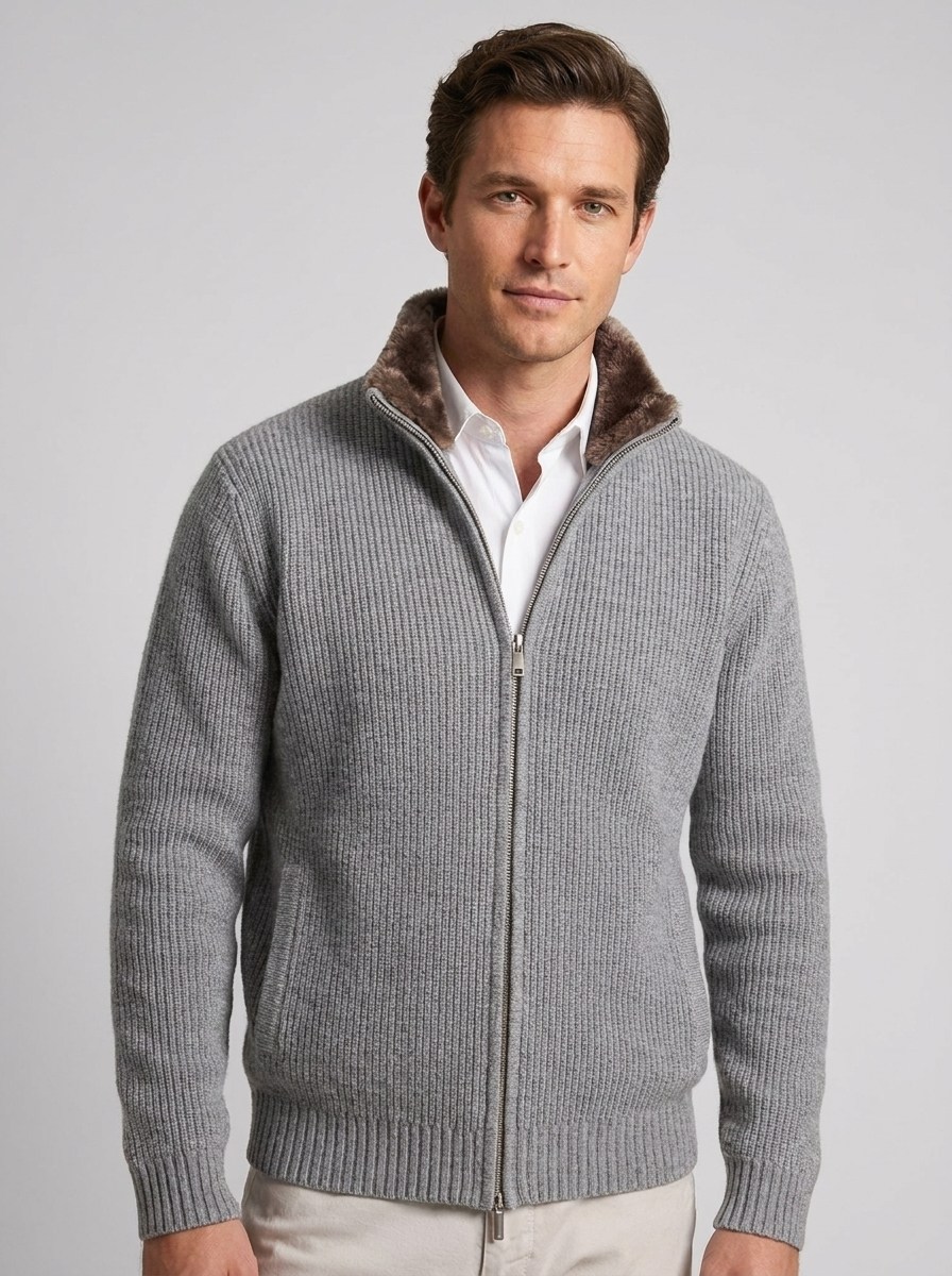 Cardigan In Maglia Collo Pelliccia Uomo Grigio