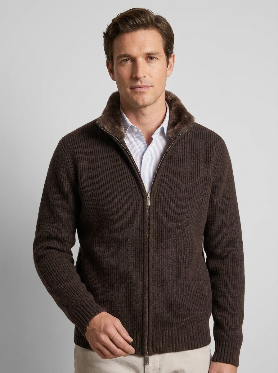 Cardigan In Maglia Collo Pelliccia Uomo Marrone scuro