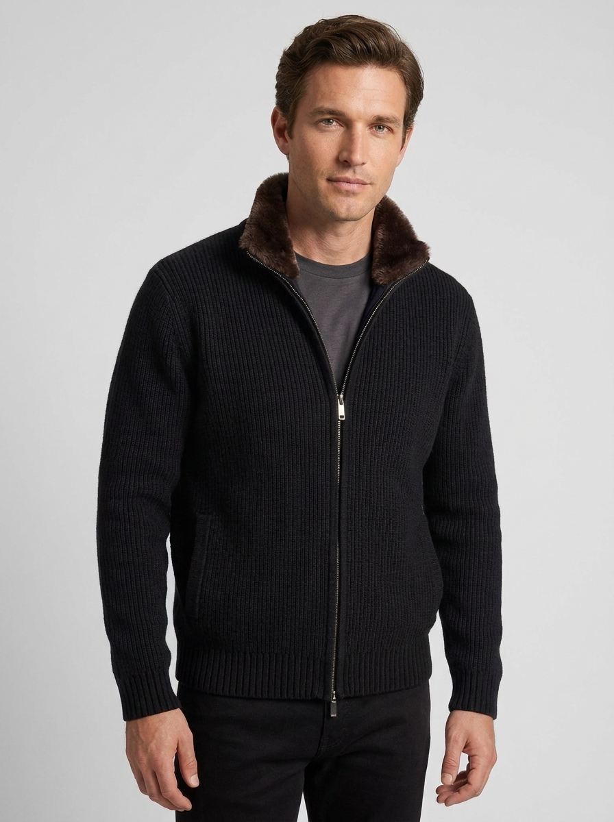 Cardigan In Maglia Collo Pelliccia Uomo Nero
