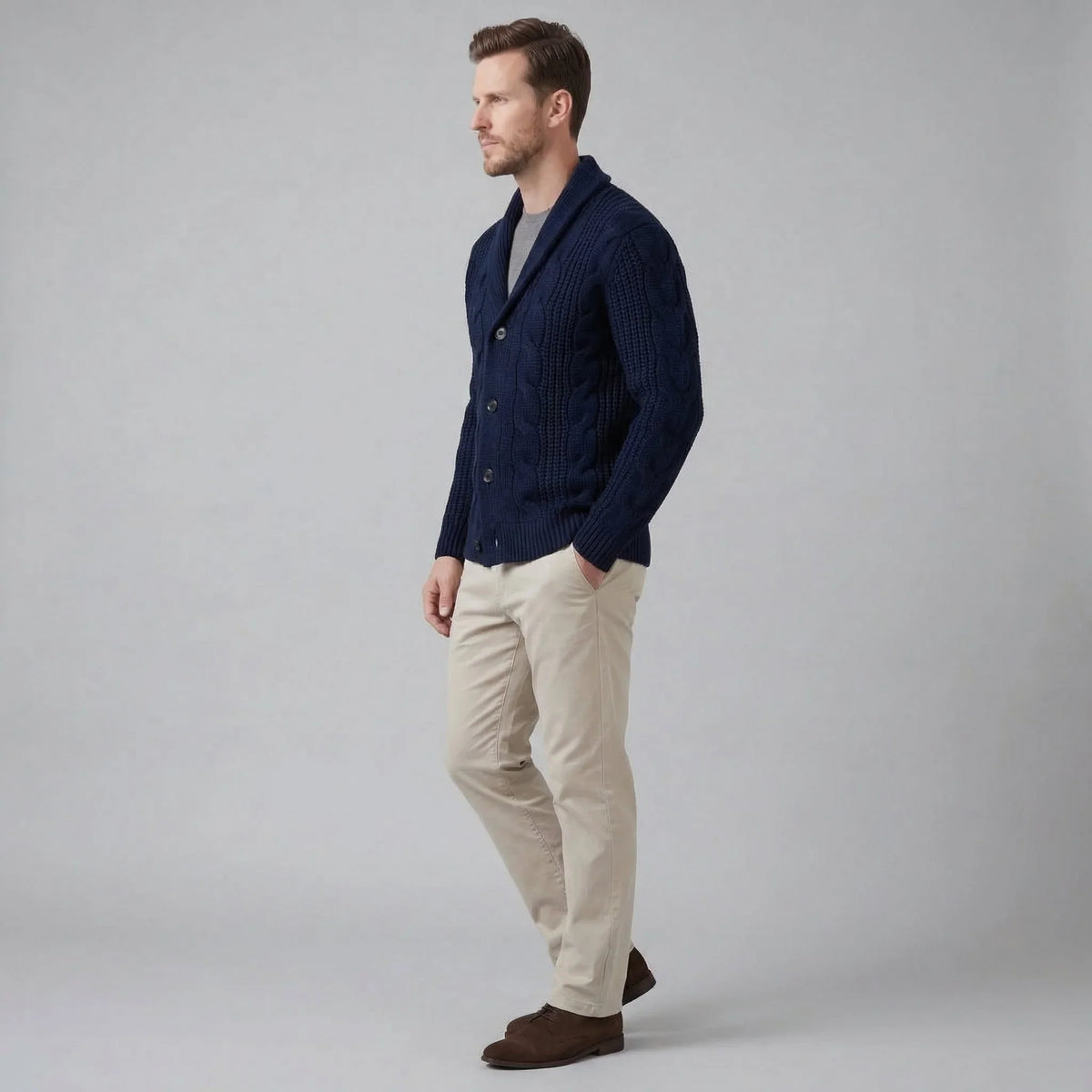 Cardigan Misto Lana Trecce Collo Sciallato Uomo