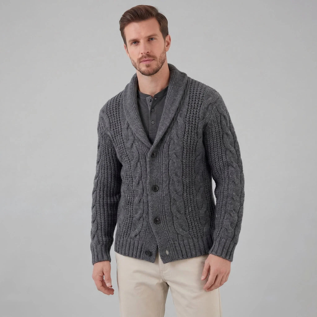 Cardigan Misto Lana Trecce Collo Sciallato Uomo Grigio