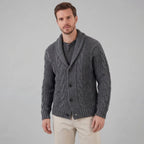 Cardigan Misto Lana Trecce Collo Sciallato Uomo Grigio