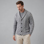 Cardigan Misto Lana Trecce Collo Sciallato Uomo Grigio chiaro