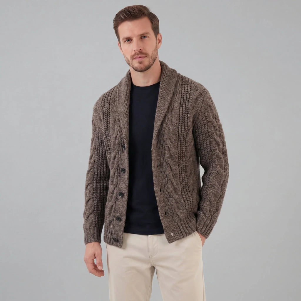 Cardigan Misto Lana Trecce Collo Sciallato Uomo Marrone