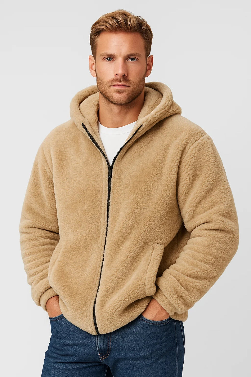 Felpa Teddy Con Cappuccio E Zip Uomo Beige