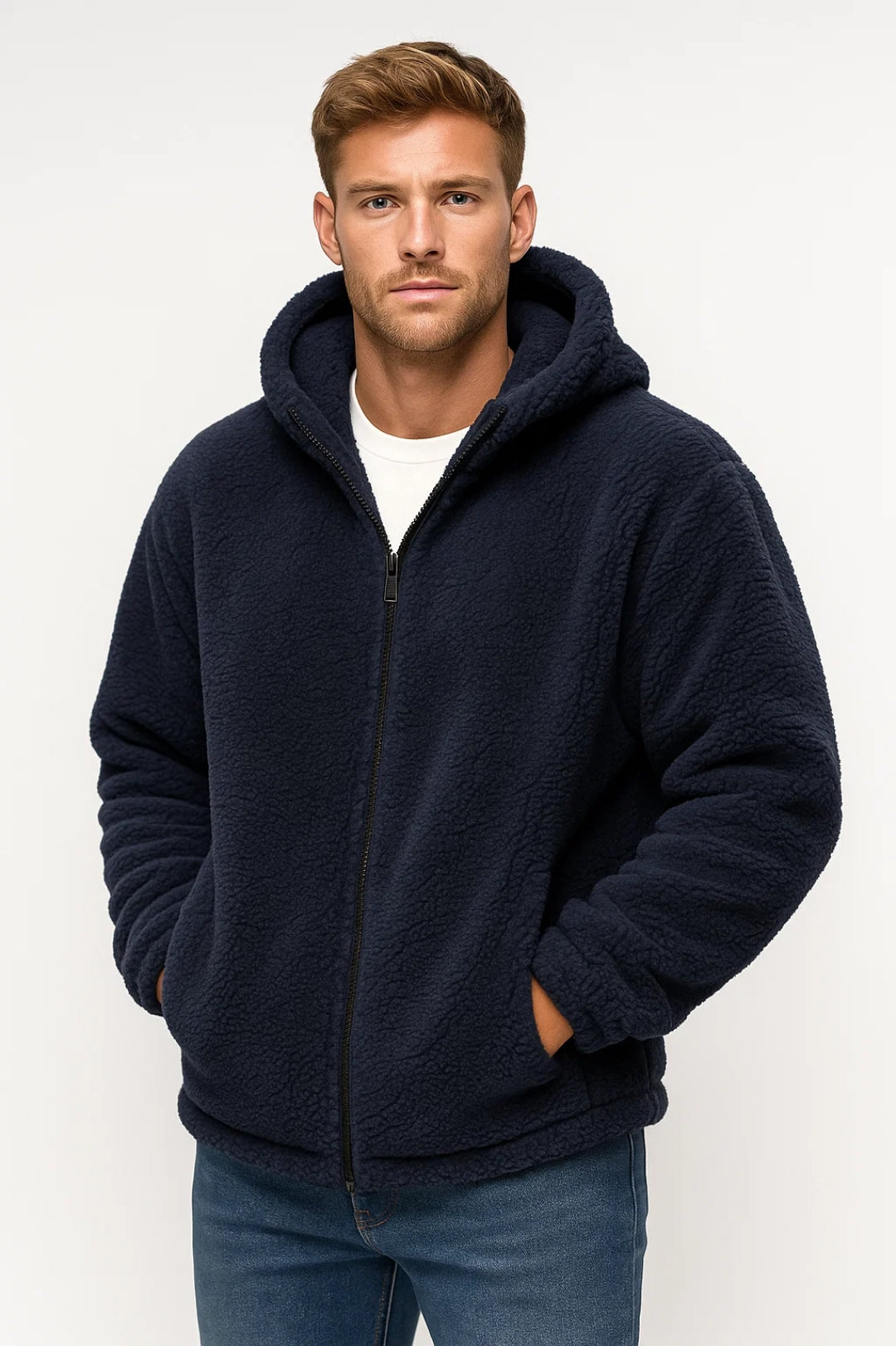 Felpa Teddy Con Cappuccio E Zip Uomo Blu scuro