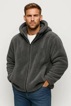 Felpa Teddy Con Cappuccio E Zip Uomo Grigio scuro