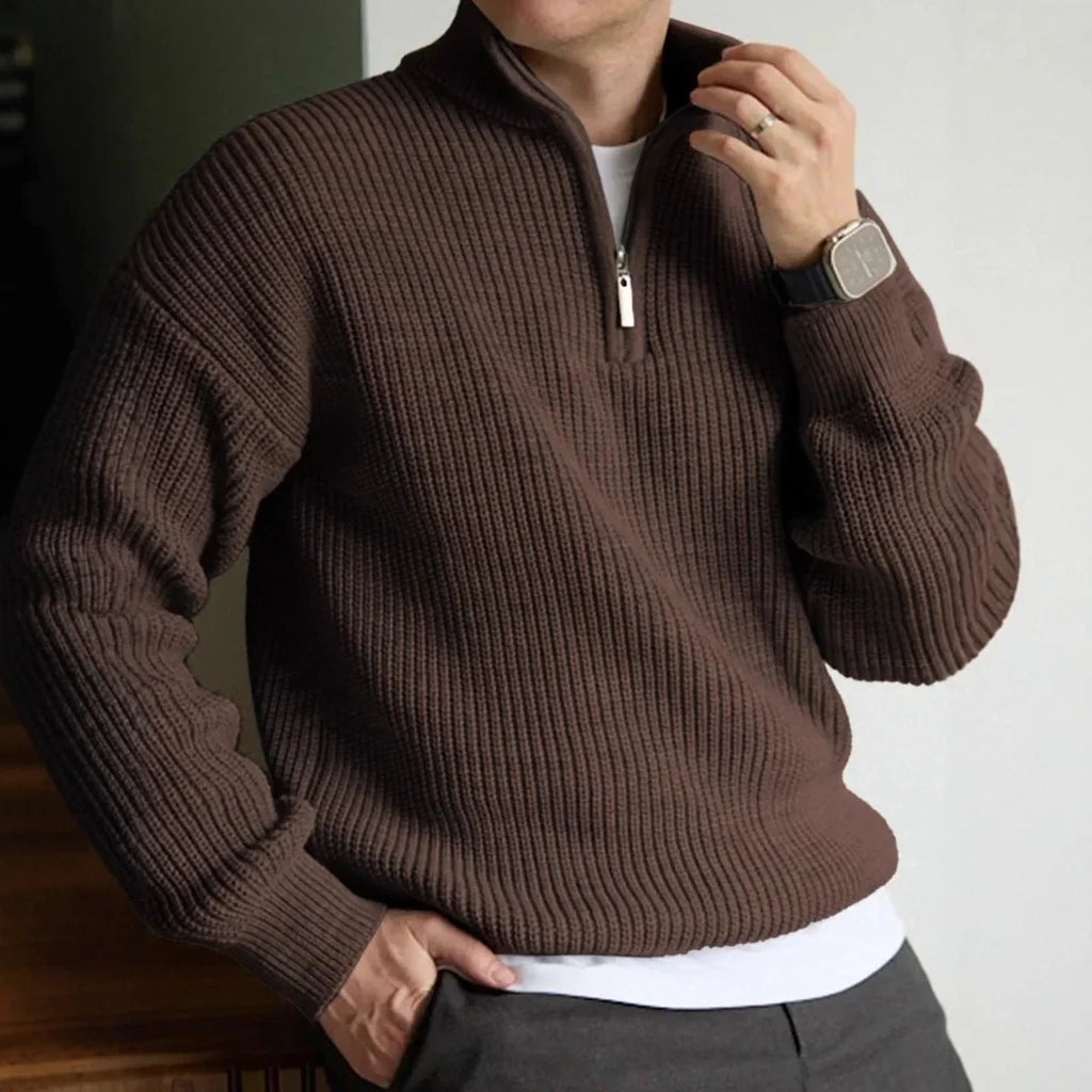 Maglione Mezza Zip Maglia Pesante Uomo Marrone