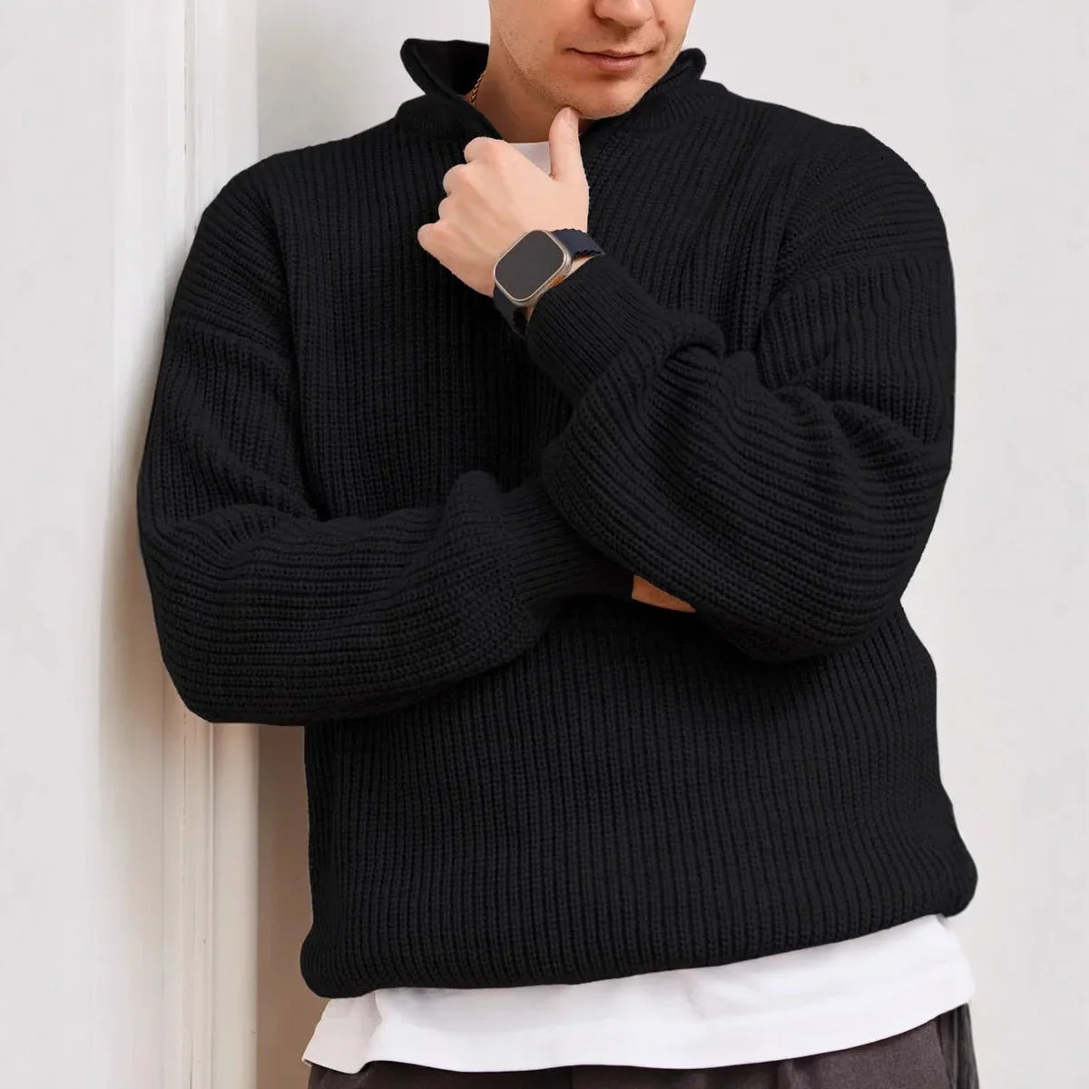 Maglione Mezza Zip Maglia Pesante Uomo Nero