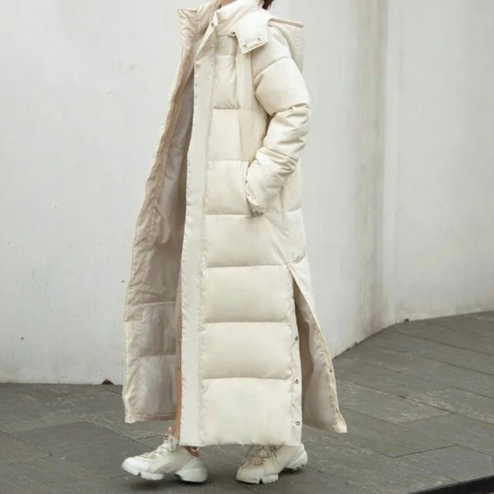 Piumino Lungo Caldo Con Cappuccio Donna Beige