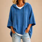 Poncho In Maglia Con Cappuccio Donna Blu
