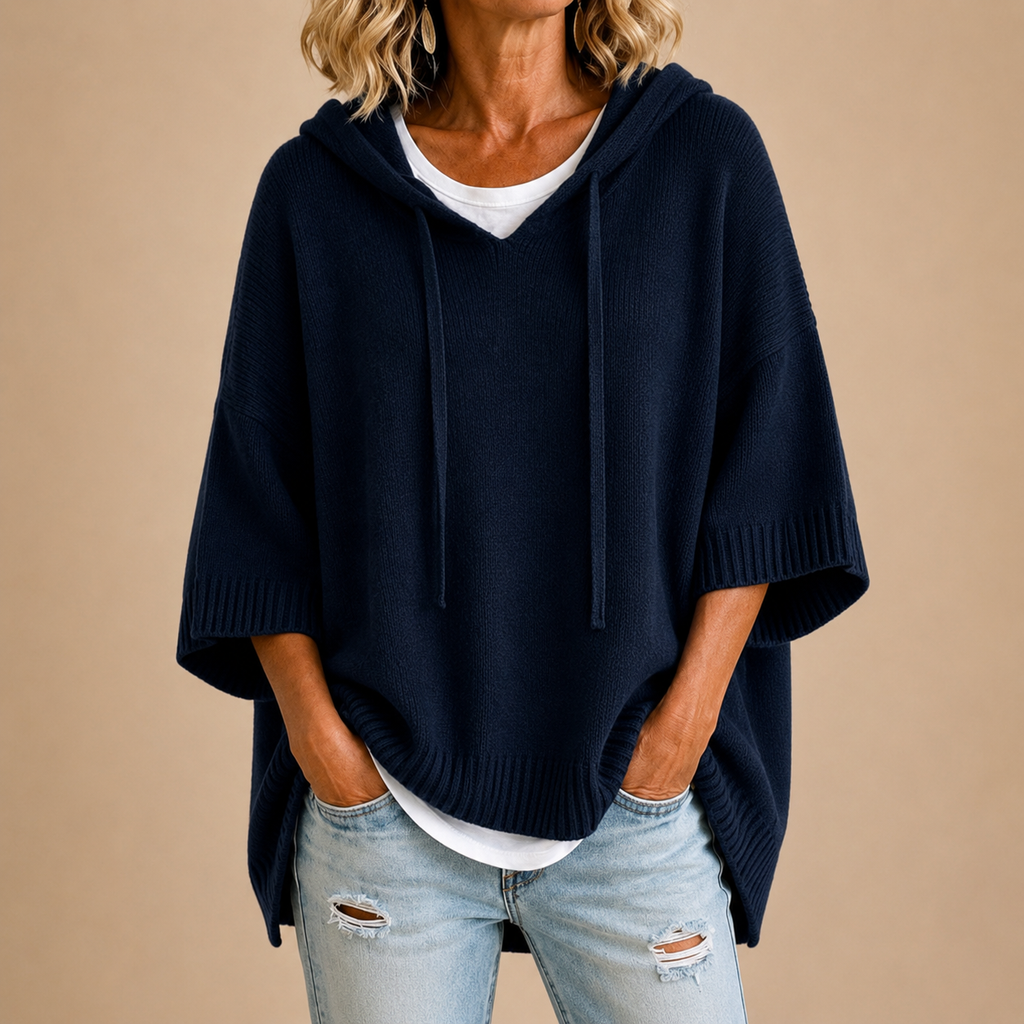 Poncho In Maglia Con Cappuccio Donna Blu notte