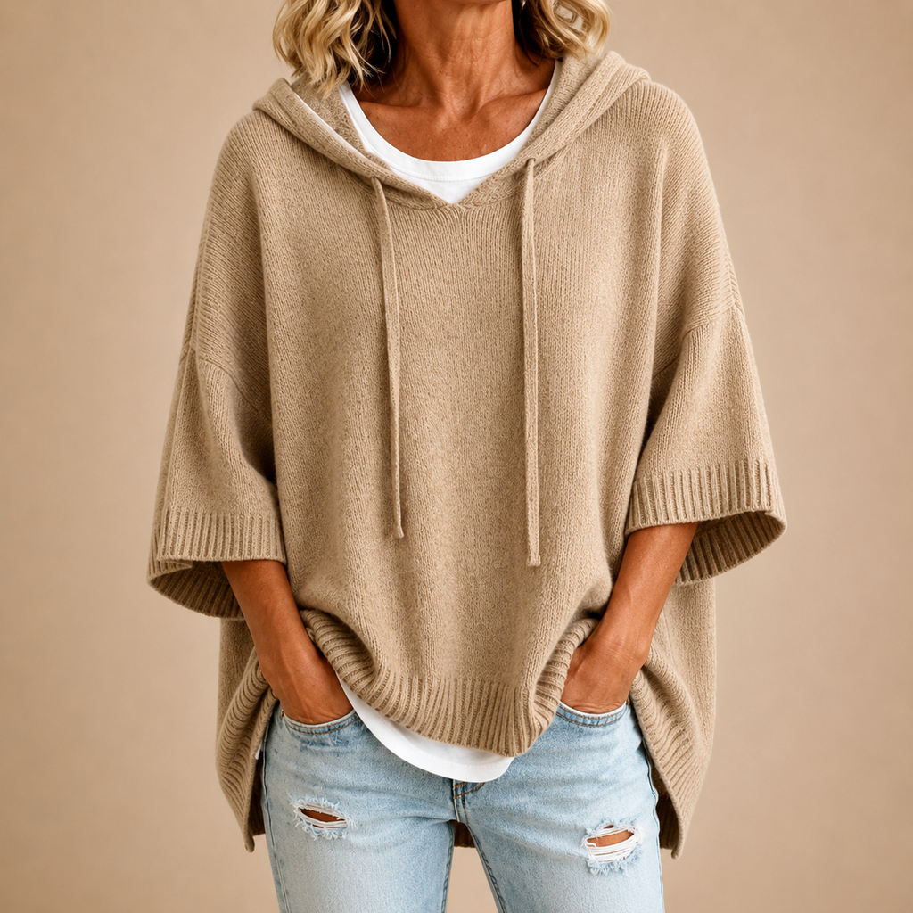 Poncho In Maglia Con Cappuccio Donna Kaki