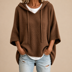 Poncho In Maglia Con Cappuccio Donna Marrone