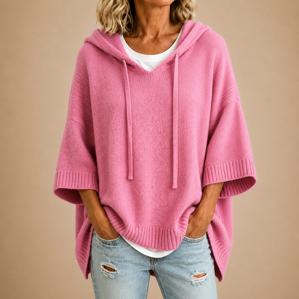Poncho In Maglia Con Cappuccio Donna Rosa