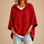 Poncho In Maglia Con Cappuccio Donna Rosso