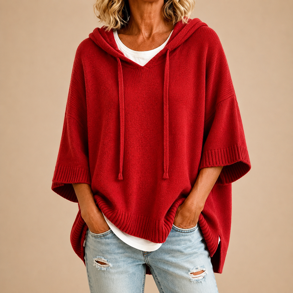 Poncho In Maglia Con Cappuccio Donna Rosso
