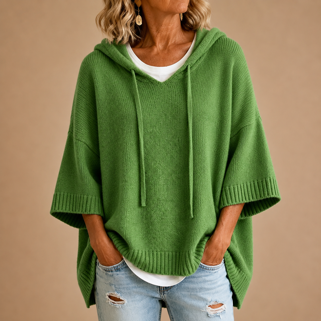 Poncho In Maglia Con Cappuccio Donna Verde