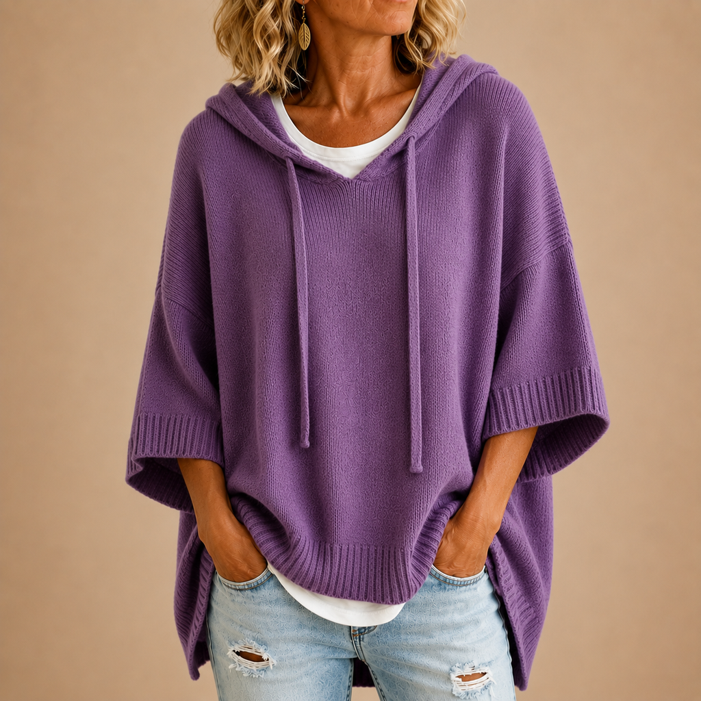 Poncho In Maglia Con Cappuccio Donna Viola