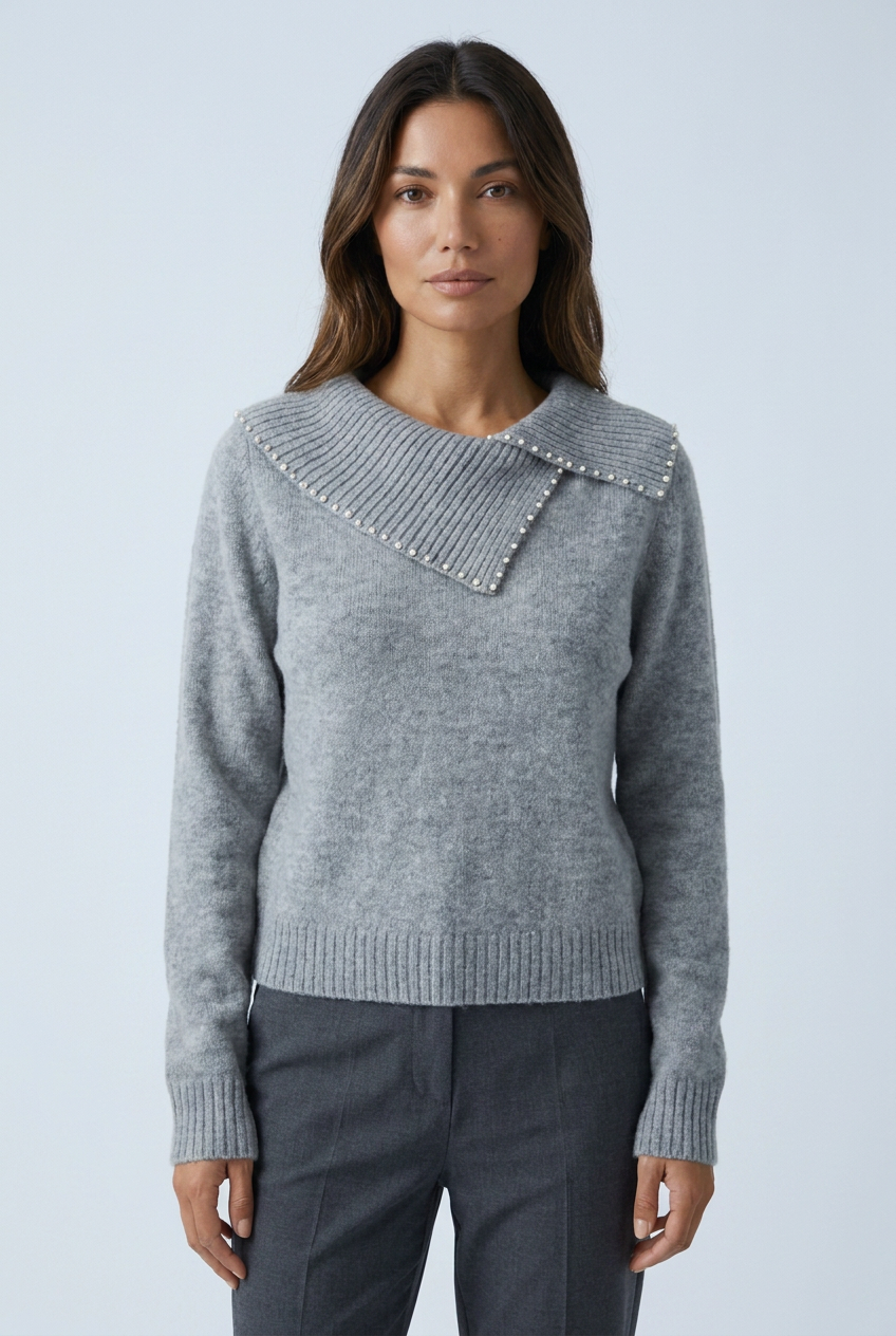 Maglione Collo Asimmetrico con Perle Donna