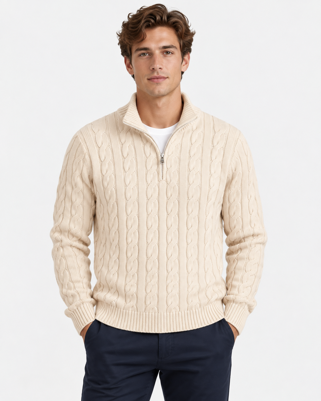 Maglione Mezza Zip Trecce Lana Uomo