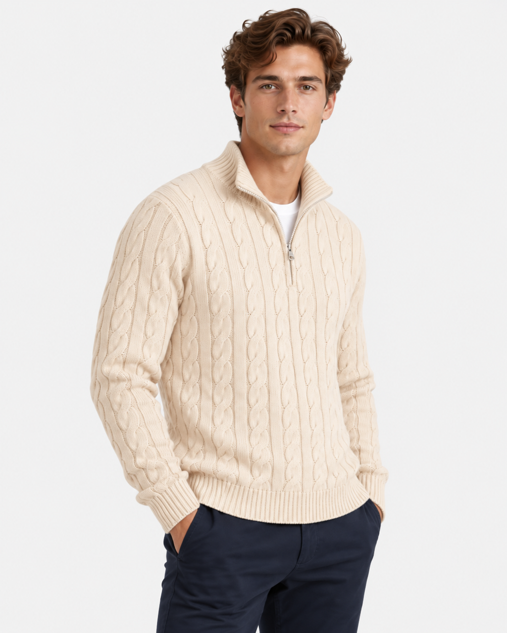 Maglione Mezza Zip Trecce Lana Uomo