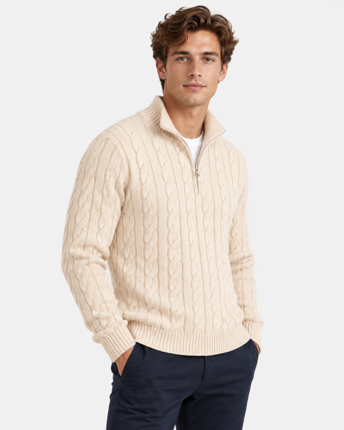 Maglione Mezza Zip Trecce Lana Uomo