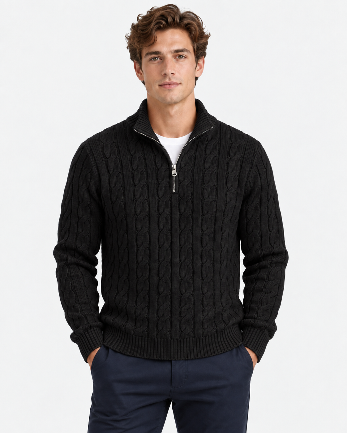 Maglione Mezza Zip Trecce Lana Uomo